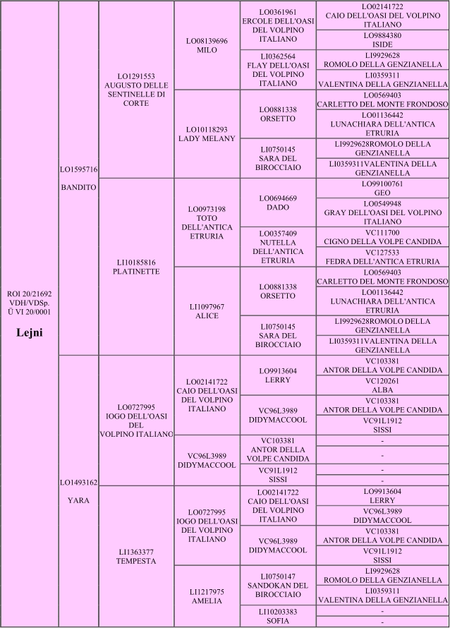 ROI 20/21692   VDH/VDSp.   Ü VI 20/0001   Lejni   LO1595716     BANDITO   LO1291553   AUGUSTO DELLE   SENTINELLE DI  CORTE   LO08139696   MILO   LO0361961   ERCOLE DELL'OASI  DEL VOLPINO  ITALIANO   LO02141722   CAIO DELL'OASI DEL VOLPINO  ITALIANO   LO9884380   ISIDE   LI0362564   FLAY DELL'OASI  DEL VOLPINO  ITALIANO   LI9929628   ROMOLO DELLA GENZIANELLA   LI0359311   VALENTINA DELLA GENZIANELLA   LO10118293   LADY MELANY   LO0881338   ORSETTO   LO0569403   CARLETTO DEL MONTE FRONDOSO   LO01136442   LUNACHIARA DELL'ANTICA  ETRURIA   LI0750145   SARA DEL  BIROCCIAIO   LI9929628ROMOLO DELLA  GENZIANELLA   LI0359311VALENTINA DELLA  GENZIANELLA   LI10185816   PLATINETTE   LO0973198   TOTO  DELL'ANTICA  ETRURIA   LO0694669   DADO   LO99100761   GEO   LO0549948   GRAY DELL'OASI DEL VOLPINO  ITALIANO   LO0357409   NUTELLA  DELL'ANTICA  ETRURIA   VC111700   CIGNO DELLA VOLPE CANDIDA   VC127533   FEDRA DELL'ANTICA ETRURIA   LI1097967   ALICE   LO0881338   ORSETTO   LO0569403   CARLETTO DEL MONTE FRONDOSO   LO01136442   LUNACHIARA DELL'ANTICA  ETRURIA   LI0750145   SARA DEL  BIROCCIAIO   LI9929628ROMOLO  DELLA  GENZIANELLA   LI0359311VALENTINA DELLA  GENZIANELLA   LO1493162     YARA   LO0727995   IOGO DELL'OASI  DEL   VOLPINO ITALIANO   LO02141722   CAIO DELL'OASI  DEL VOLPINO  ITALIANO   LO9913604   LERRY   VC103381   ANTOR DELLA VOLPE CANDIDA   VC120261   ALBA   VC96L3989   DIDYMACCOOL   VC103381   ANTOR DELLA VOLPE CANDIDA   VC91L1912   SISSI   VC96L3989   DIDYMACCOOL   VC103381   ANTOR DELLA  VOLPE CANDIDA   -   -   VC91L1912   SISSI   -   -   LI1363377   TEMPESTA   LO0727995   IOGO DELL'OASI  DEL VOLPINO  ITALIANO   LO02141722   CAIO DELL'OASI  DEL VOLPINO  ITALIANO   LO9913604   LERRY   VC96L3989   DIDYMACCOOL   VC96L3989   DIDYMACCOOL   VC103381   ANTOR DELLA VOLPE CANDIDA   VC91L1912   SISSI   LI1217975   AMELIA   LI0750147   SANDOKAN DEL  BIROCCIAIO   LI9929628   ROMOLO DELLA GENZIANELLA   LI0359311   VALENTINA DELLA GENZIANELLA   LI10203383   SOFIA   -   -